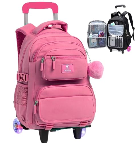 Mochila Escolar com Rodinhas, Unissex, Reforçada, Múltiplos Compartimentos, com Alça de Carrinho regulavel, para Crianças 6-12 Anos (Rosa)