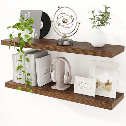 Feihorrm Floating Shelves for Wall, 90cm Floating Shelves Set of 2 Brown Wooden Wall Mounted Shelves for Bathroom Living Room Kitchen Bedroom Storage & Organizer