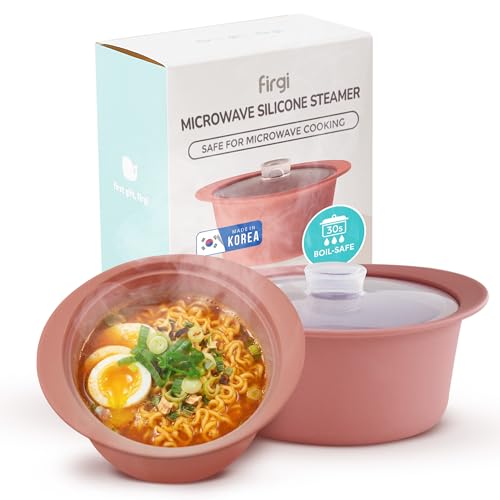 Image of FIRGI 27fl.oz (3.4cup) Silicone Microwave Steaming Pot with Handle & Lid for Easy Cooking Vegetables, Egg, Noodles Soup Non-Stick Dishwasher Safe Easy Clean Made in Korea Dry Rose 800ml