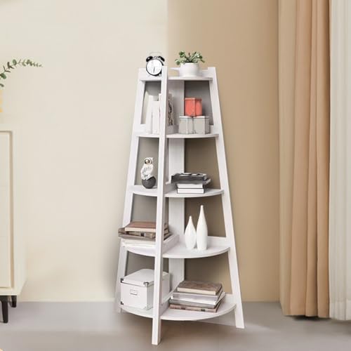Alanmoship Libreria angolare a 5 livelli, scaffale a scala per soggiorno o bagno, espositore industriale con design rustico, scaffale in PVC bianco per piante da balcone