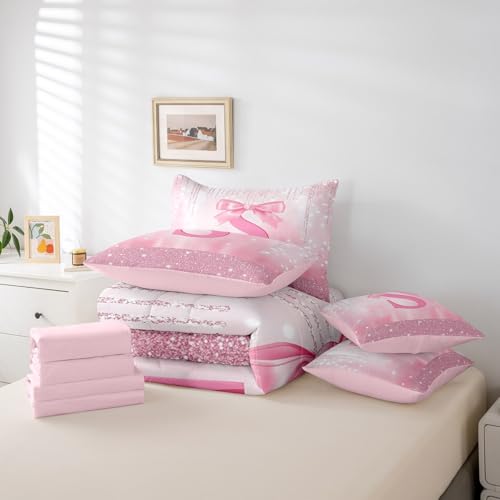 Image of Feelyou Boys Girls Pink Bowknot 7 Pieces Bedding Set Twin Size, Personalized Initial S Bed in A Bag Kids Princess Glitter Comforter Set with Sheets Bow Monogrammed Teens Bed Set Bedroom Decor 7Pcs