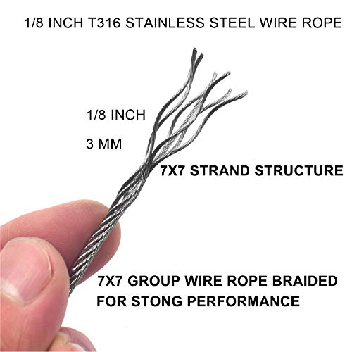 1/8 Inch 165 Feet T316 Stainless Steel Wire Rope For Cable Railing Decking Hanging,Aircraft Cable With 6 Wire Rope Clamps 7X7 Strand Wire Cable For Diy Balustrade Handrail Outdoor Hanging #TOP3
