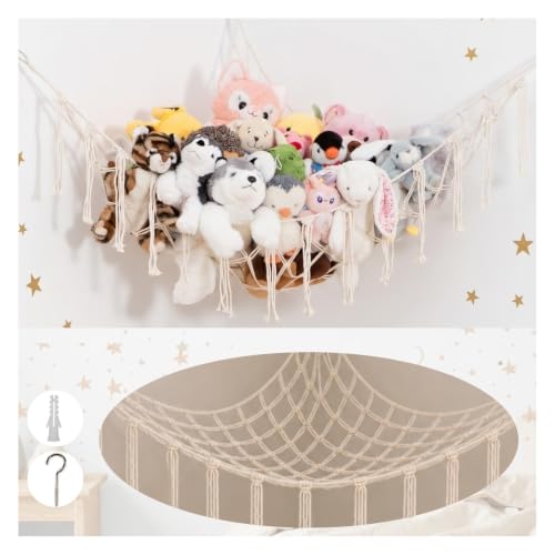 Large Macrame Stuffed Animal Storage Hammock | Holds 12 lbs | Corner Stuffed Animal Organizer | Plushie Net for Stuffed Animals | Stuffy Storage, Cute Bedroom, Room Decor | White