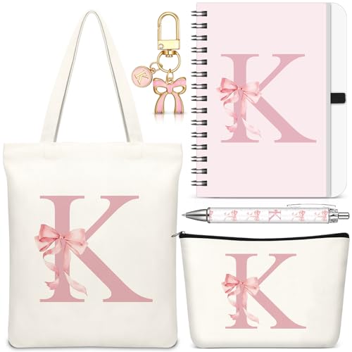 Talltalk 5 Pcs Initial Tote Bag Gifts for Women, Beige Pink, Letter K