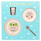 Pack compuesto por vajilla (plato, bol, vaso y cuchara) y babero infantil.