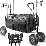 TOLEAD Foldable Fishing Cart Heavy Duty Wagon with Big Wheels, Collapsible Wagon 550lb Load Capacity, 5 Rod Holders and Fish Bag, All-Terrain Cart for Beach and Outdoors (Fishnet are Not Included)
