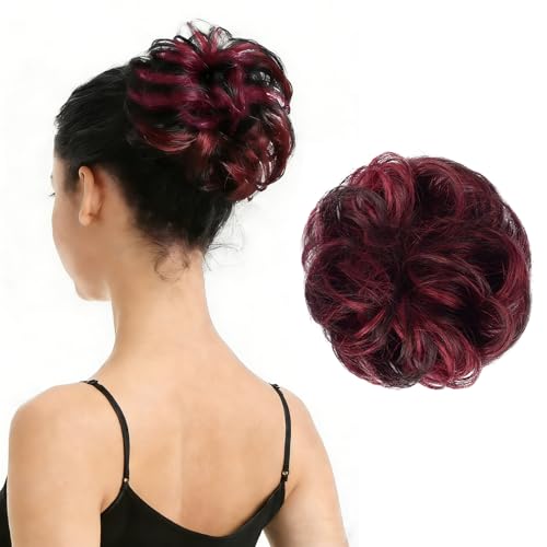 BARSDAR 100% Human Hair Bun Extension - Real Human Hair Red Messy Bun Scrunchie for Women - Elastic Wavy Small Updo Chignons Black Mix Burgundy Red Hairpieces Soft Natural Looking Daily