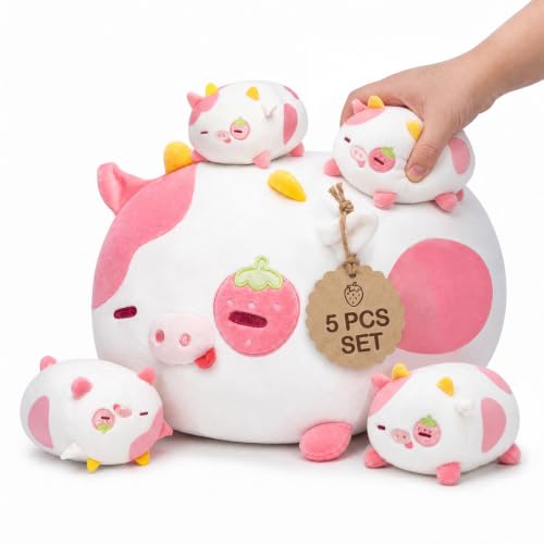 Image of Mewaii 4+1 Strawberry Cow Set Kawaii Plush, Ultra-Soft Feel, 16 in