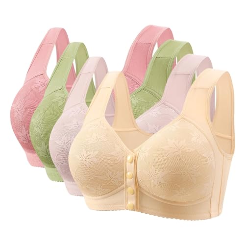 4 Pack Daisy Bras for Older Women No Underwire Full Coverage Front Closure Senior Cotton Bra Push Up Padded Bralettes Push Up Women Senior Wirefree Thick Sagging Antisagging Ellymuse 34a