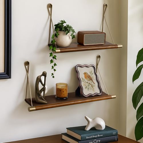 Afuly Mid Century Modern Decor Walnut Floating Shelves for Wall Mounted Shelf Unit Solid Wood Rustic Decorative Shelving Living Room Bedroom Coffee Bar Bathroom Display Plant Photo 24in&20in