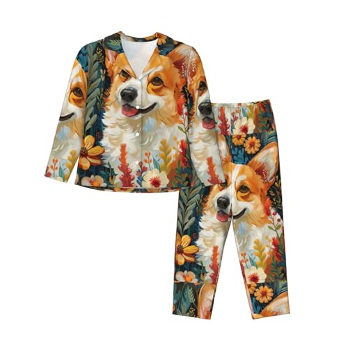 Pyjama floral pour femmes Corgi ensemble de nuit manches longues et pantalon élastique confortable