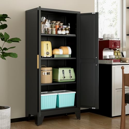 Image of LCAOPC 61 inch Tall Metal Storage Cabinet with 2 Doors and 3 Adjustable Shelves, 4-Tier Kitchen Pantry Storage Cabinet for Kitchen, Living Room, Dining Room and Office, Black