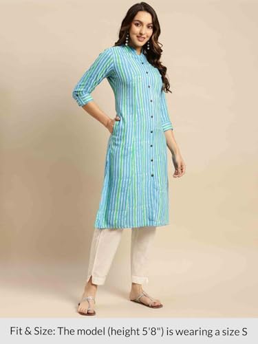 Image of rangita Women's Rayon Relaxed Fit Straight Calf Length Striped Front Slit Kurti | Kurta