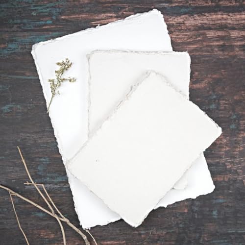 400 GSM / 25 Sheets - Rough/Textured Watercolor Drawing/Sketching Paper - 7"X5" - Handmade/Deckle Edge Paper Made from Virgin Egyptian Cotton - Off-White by Leather Village - Thumbnail 3