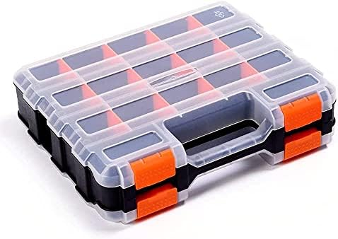 Double Side Tool Storage Box with Removable Plastic Partition, Hardware Box Storage, 34-Compartments, Excellent for Screws, Nuts, Small Parts, Black/Orange