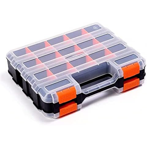 Double Side Tool Storage Box with Removable Plastic Partition, Hardware Box Storage, 34-Compartments, Excellent for Screws, Nuts, Small Parts, Black/Orange Cover