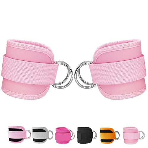 Langmeil Fitness Ankle Straps for Cable Machines, 2 Pack Comfortable Adjustable Padded Ankle Wrist Cuffs, Kickback Glute Workouts for Men Women, Double D-Ring Leg Straps with Neoprene Padding -Pink