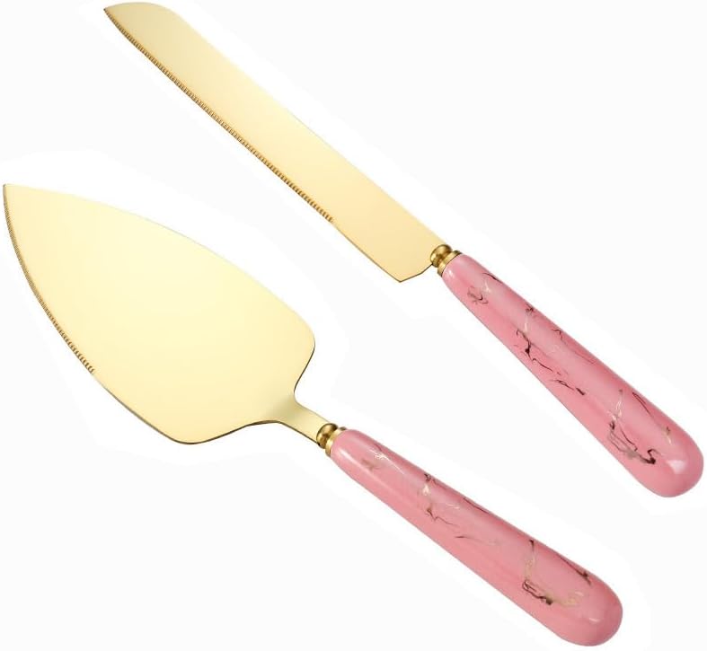 Ceramic Handle Stainless Steel Knife Shovel Cake Server Gift Box 2 Piece Set Creative Baking Tools Cheese Knife Butter Knife Cake Shovel Pizza Shovel (Pink)