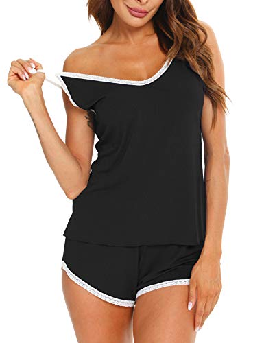 Maysoar Womens Pajama Short Sets Cami Lace Trim Striped Pj Set Pajamas For Women Shorts(Black,S) #TOP3