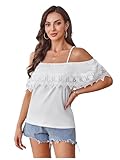 SweatyRocks Women's Off The Shoulder Spaghetti Strap Tops Short Sleeve Lace Trim Blouse White Medium