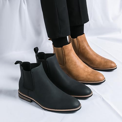 Men'S Leather Low Block Heel Chelsea Boots Comfortable Round Toe Elastic Slip-On Block Heel Men Business Ankle Boots For Office Weddings Prom3