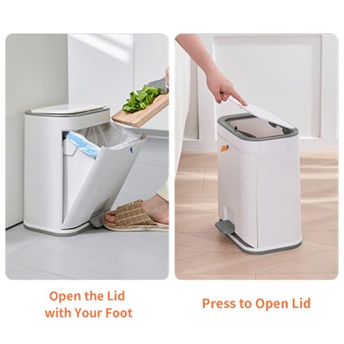Image of Bathroom Trash Can with Lid, Plastic 3 Gallon Garbage can with Press top Lid, Gold Step Pedal Trash can, Narrow White Trash bin for Kitchen, Bathroom, Bedroom, Living Room, Office, Dog Proof Trash Can