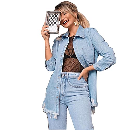 HHKLSF Veste en jean pour femme, à franges amples et déchirées mi-longues Cover