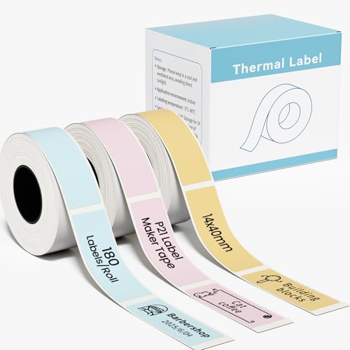 3-Roll Blue/Yellow/Pink Compatible with NELKO P21 NADAIIN N12 ORGBRO X1 ORGSTA S001 Label Maker Tape 14x40mm (0.55x1.57) Standard Laminated Office Labeling Tape Replacement 180 Tapes/Roll