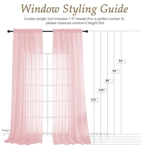 Image of OVZME Blush Pink Bedroom Curtains 96 Length for Farmhouse, 59 Inch Extra Wide Light Filtering Voile Drapes Light Airy Window Decor for Patio Door Living Room Bedroom Dining, 59Wx96L Inches