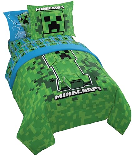 Minecraft Creeper Twin Comforter Set 5 Piece Kids Bedding for Boys Green