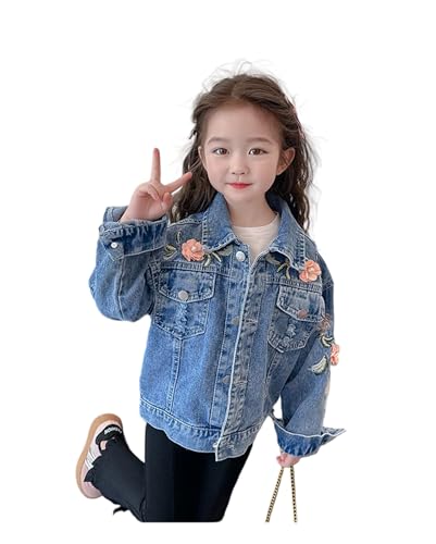 Little/Big Girl Denim Coat Flower Embroidery Jean Long Sleeve Cardigan Button Denim Jacket