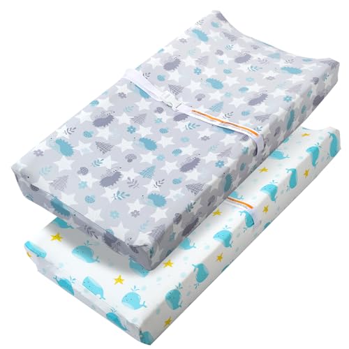 Image of FHMJYH Changing Table Pad Cover Elastic Changing Pad Cover Premium Baby Changing Pad Cover 2 Pack for Boys Girls Soft and Comfortable (Baby Whale and Hedgehog)
