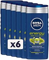 NIVEA MEN Energy Ducha Champú 6 x 250 ml, Gel de ducha para hombre revitalizante para cuerpo, cara y cabello, ducha y...