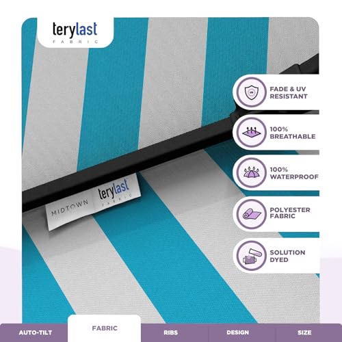 Image of Midtown Umbrellas - 10-Year-No-Fade 6 Ft Patio Umbrella with Terylast Fabric, Auto-Tilt Aluminum Frame and 8 Reinforced Ribs for Deck, Pool, Garden & Beach - Blue /White Stripes Canopy, Black Pole