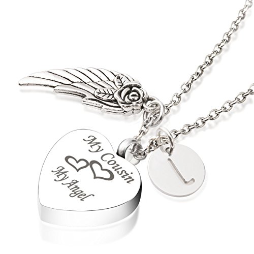 GIONO Cremation Jewelry Angel Wing Initial Charm Ash Urn Necklace My Cousin My Angel Keepsake Memorial Pendant
