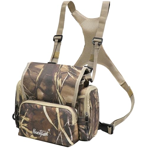HUNTPAL Binocular Chest Pack Harness Case with Rangefinder Pocket, Convenient Magnetic Lid and Elastic Strap, Water-Resistant Bino Bag with Storage Pouch and Zipper Closure, Fit for Birdwatching