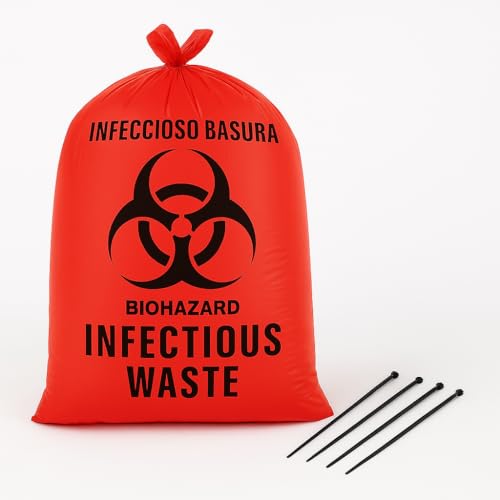 Image of Biohazard Infectious Waste Bags with Secure Zip Ties, 10 Gallon, 24 inch x 23 inch, Red, OSHA Compliant, Leak-Proof & Tear-Resistant for Medical, Dental, Lab, Veterinary Use (25 Bags)