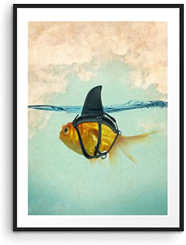 colorACSL Shark Goldfish Posters Wall Art 12x16inch,Goldfish Dreams Become Shark Poster Artwork for Office Wall Decor, Paintings for Home Bedroom Decor UNFRAMED, Gold Blue