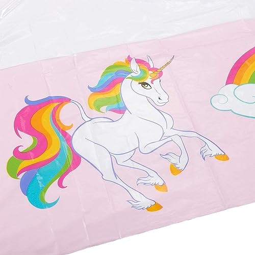 Image of BLUE PANDA Unicorn Tablecloths - 3-Pack, 54 x 108 in, Pink & White Rectangular Plastic Disposable - Birthday Decoration & Rainbow Unicorn Party Table Cover for Kids
