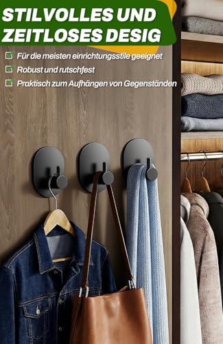 Poprkdre Handtuchhalter ohne Bohren 6er-Pack, Edelstahl 304 selbstklebende Haken aus Edelstahl, verbesserte starke selbstklebende Haken für Badezimmer, Toilette, Küche usw., rostfrei, (schwarz)