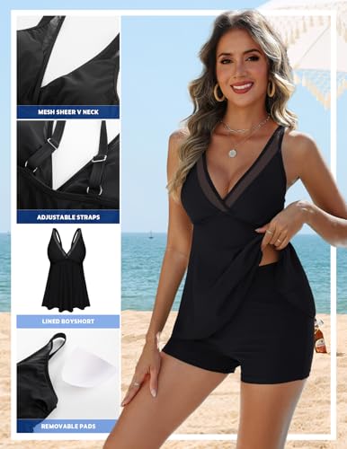 Kate Kasin 2 Piece Tankini Swimsuits for Women Tummy Control Bathing Suits Mesh Sheer V-Neck Flowy Swim Suits with Boyshorts3