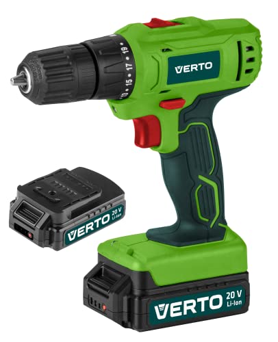 VERTO Akku-Bohrschrauber 2 x 20V, Li-Ion/1,5Ah, Drehzahl I: 0-400 U/min, II: 0-1500 U/min, rechts/links, Bohrfutter 0,8-10 mm, Drehmomentbereich 1-20 (Bohroption), Akkuladung 1 Stunde, Spindelbremse