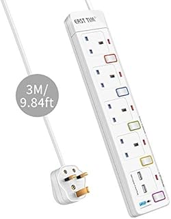 Extension Lead with USB Slots, 3M 4 Way Outlets 2 USB Slots Multi Power Plug Extension Surge Protection with 3 Meter Extension Cord for Home Office