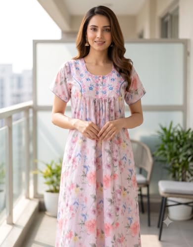 Image of Nighty| Nighty for Women Stylish| Night Gown for Women Stylish| Lightweight & Breathable Lizzy Bizzy Fabric| Elegant Embroidery Detailing| Digital Print|