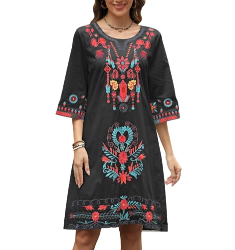 Image of Higustar Mexican Embroidered Dress Summer Cotton Bohemian Flower Peasant Traditional Mexico Fiesta Boho Dresses for Women