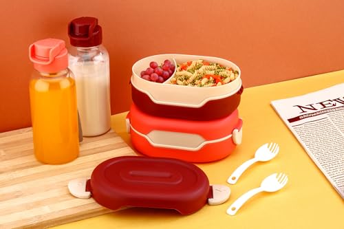 Image of Portable Lunch Box Set with Water Bottle, 2 Compartments, Leak-Proof Design, Multicolour