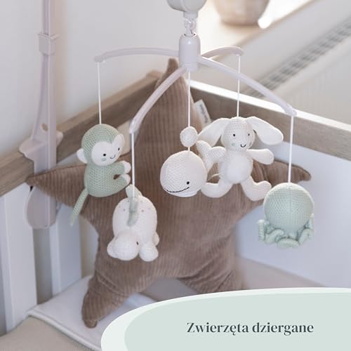 Baby's Only - Karuzela muzyczna Zwierzęta dla niemowląt - Z figurkami dzianinowymi - Pozytywka z muzyką - Karuzela dla niemowląt z muzyką - Dla chłopców i dziewczynek - Laurel/Warm Linen
