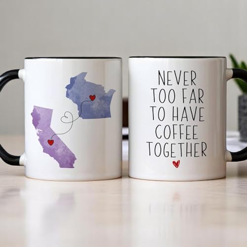 QSIPVANG Long Distance Coffee Mug for Dad – Never Too Far to Have Coffee Together – State Map Design Gift for Father’s Day, Personalized Long-Distance Family or Father-Daughter/Son Gift