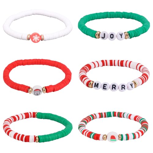 Mikovivi 6pcs Christmas Bracelet, Stackable Xmas Bracelets Cute Clay Beaded Stretch Festive Bracelets Christmas Jewelry Christmas for Women Costume Party Favors