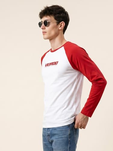 Image of Veirdo Pure Cotton Regular Fit Round Neck Front Chest Typographic Logo Printed Raglan Full Sleeve T-Shirt for Men (Colors: Green, Brown & Maroon)